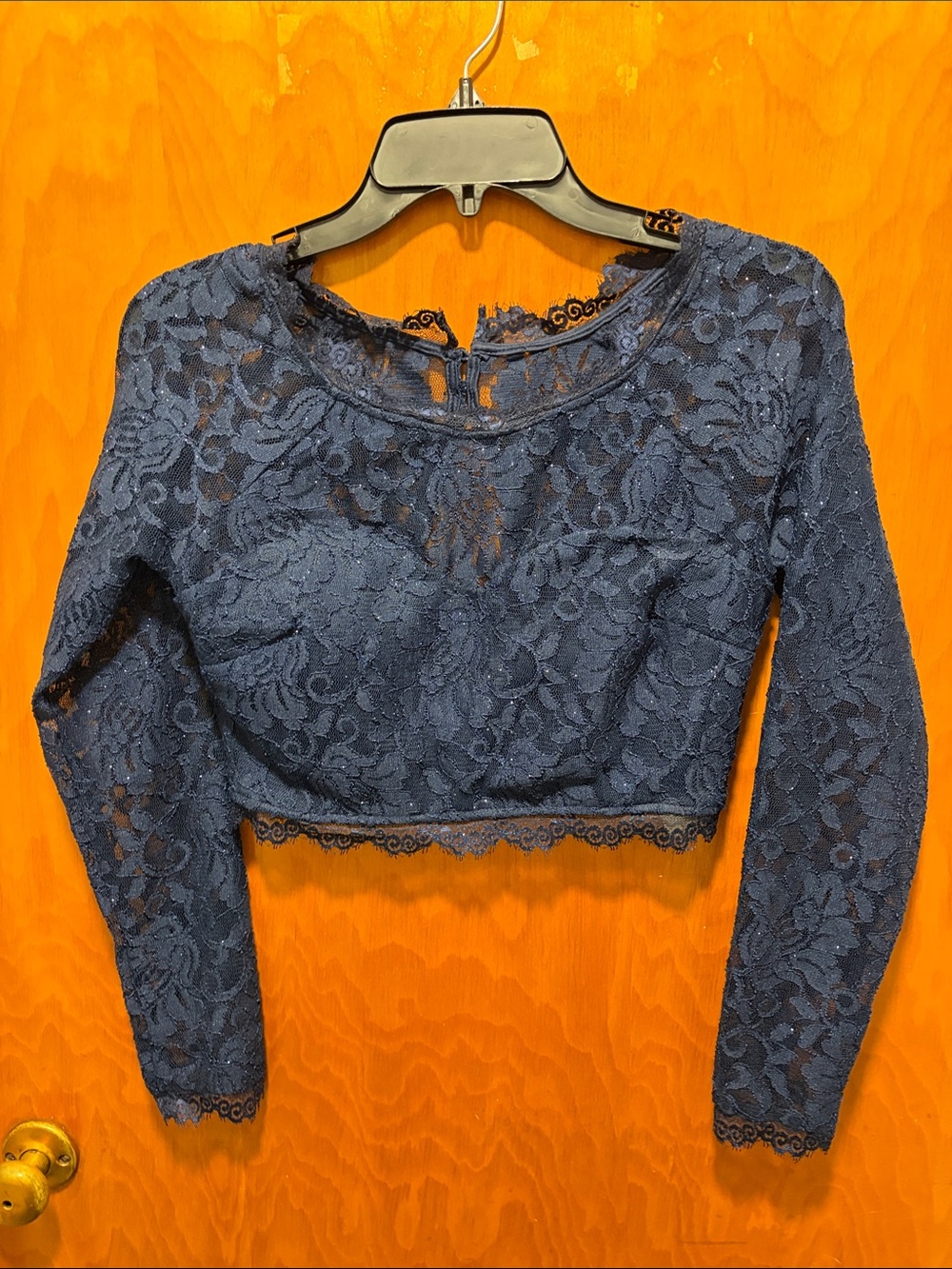 Sequin Hearts Navy Lace Long-Sleeve Crop Top
